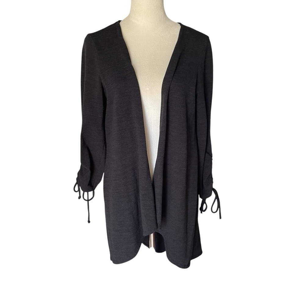 Notations Black Open-Front Cardigan Sweater Ruched Sleeves Women Size‎ L